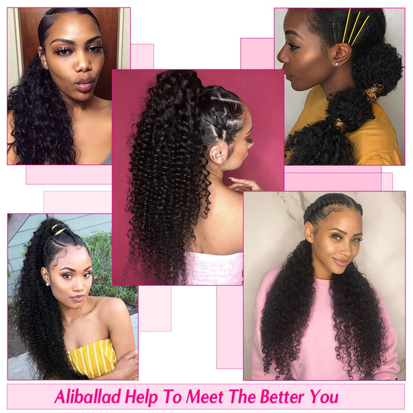 Aliballad Kinky Curly Drawstring Ponytail Human Hair Brazilian Afro Clip in Extensions for Black Women Remy 150g 4 Combs