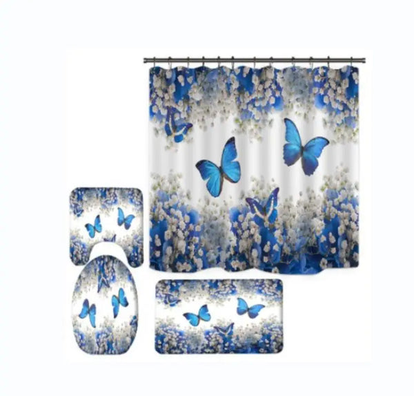 4 Pcs Shower Curtain Sets With 12 Hooks Flowers Floral With Non-Slip Rugs Toilet Lid Cover and Bath Mat Bathroom Decor Set