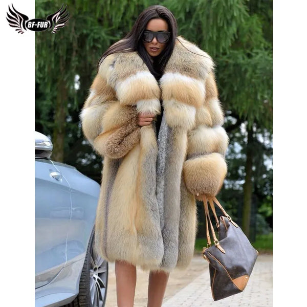 BFFUR Fashion Real Fox Fur Coat Women Winter Luxury Overcoats High Qulaity Natural Gold Island Fox Fur Jackets Whole Skin Coats