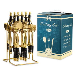 Buy as-the-picture4 24 Pcs Stainless Steel Cutlery Hammer Pattern Ceramic Handle Knife Fork Spoon Set Cutlery Set Travel Cutlery Set Flatware Set