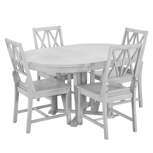 Rustic 5-Piece Extendable Dining Table Set Round Trestle Table and 4 Cross Back Dining Chairs for Kitchen, Dining Room,