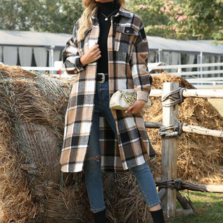 Autumn Winter Women's Wool Coat 2021 Streetwear Loose Casual Coat Shirt Jacket Lapel Women's Fashion Long Plaid Jacket