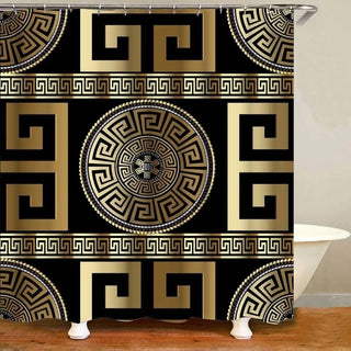 Buy only-shower-curtain6 3D Luxury Black Gold Greek Key Meander Baroque Bathroom Curtains Shower Curtain Set for Bathroom Modern Geometric Bath Rug Decor