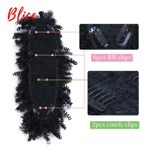 Blice Synthetic High Puff Afro Kinky Curly Short Middle-Part Wig Clips in Hairpiece Hair Extensions 90g/Piece All Color 10Inch