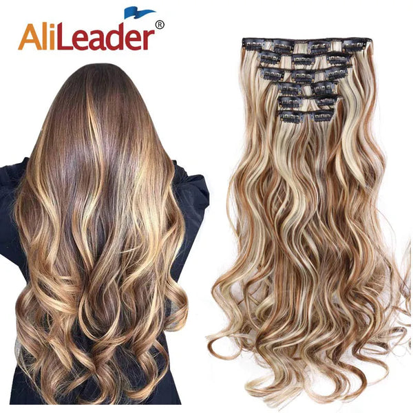 Alileader 22Inch Synthetic Long Curly 16Clips Clip in Hair Extensions Body Wave Hairpiece 6Pcs Resistant Fiber Ombre Blond Women