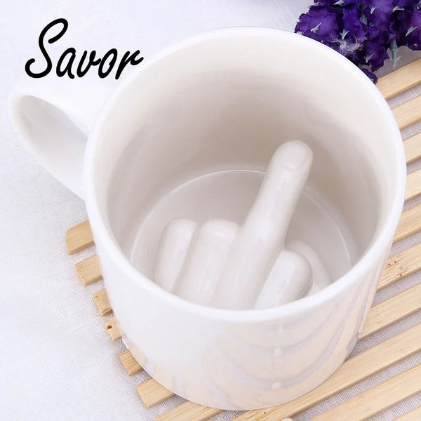 Creative Design White Middle Finger Mug,Novelty Style Mixing Coffee Milk Cup Funny Ceramic Mug 300ml Capacity Water