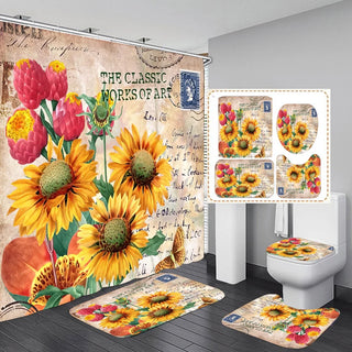 Buy a6 4 Pcs Shower Curtain Sets With 12 Hooks Flowers Floral With Non-Slip Rugs Toilet Lid Cover and Bath Mat Bathroom Decor Set