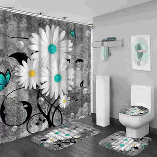 Buy a5 4 Pcs Shower Curtain Sets With 12 Hooks Flowers Floral With Non-Slip Rugs Toilet Lid Cover and Bath Mat Bathroom Decor Set