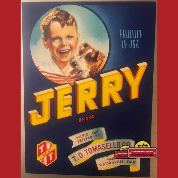 Antique Vintage 1950s Jerry Crate Label, Watsonville, CA, Boy and Dog