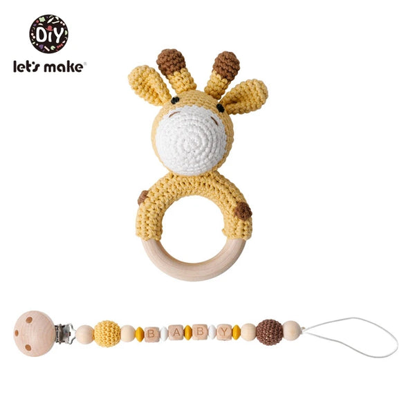 Let's Make Baby Rattles Set Crochet Animal Elk Amigurumi Elephant Baby Teether Wooden Pacifier ChainBPA Free Nursing Rattle Toys