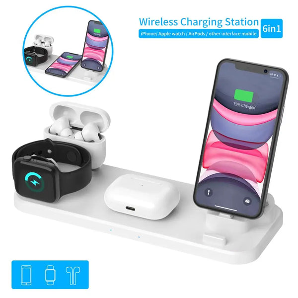 6 in 1 Wireless Charger Pad Qi Induction Fast Charging Holder for Apple Watch 6 5 4 3 for Airpods Pro IPhone 12Pro/11/Xr/Xs/X/8