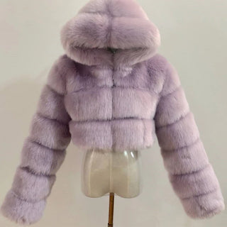 Buy light-purple High Quality Furry Cropped Faux Fur Coats and Jackets Women Fluffy Top Coat With Hooded Winter Fur Jacket Manteau Femme