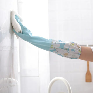 Buy blue-floral-sleeve Dishwashing Gloves Warm  Rubber Waterproof Kitchen Washing Dishes Housework Gloves Women&#39;s Waterproof Cleaning Gloves