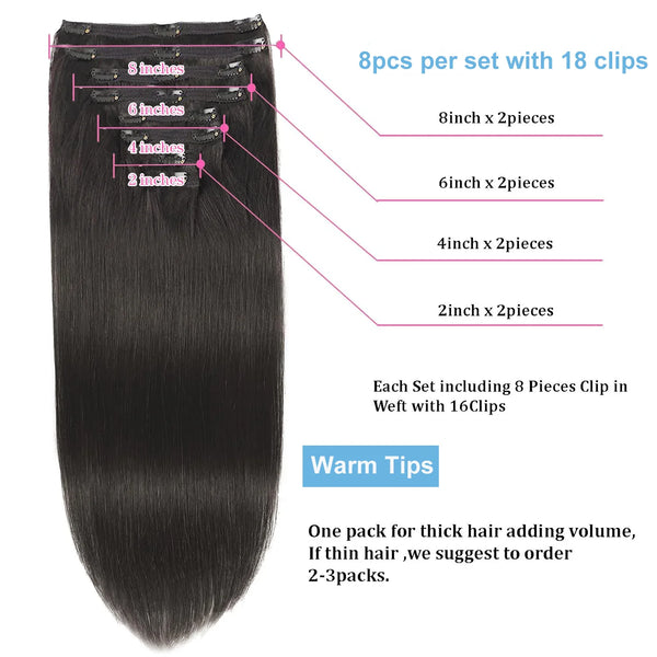 Clip in Hair Extensions Human Hair Brazilian Straight Clip in Natural Black Color Clip Ins Remy Hair 20 22 24 26 Inch for Women