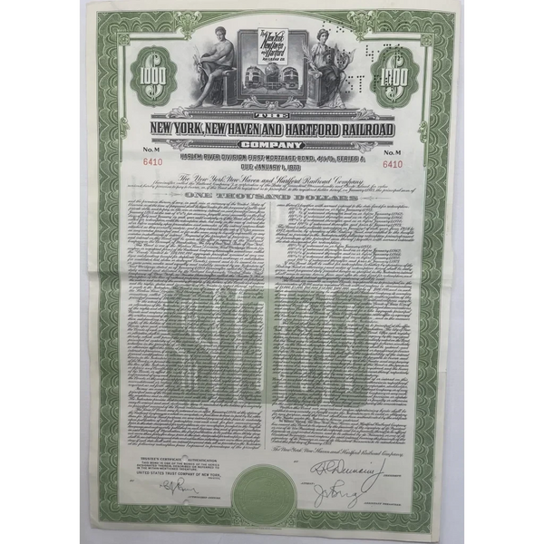 1953 New York New Haven and Hartford Railroad Gold Bond Certificate, W/Coupons