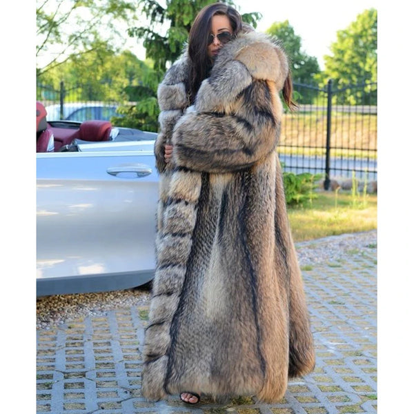 BFFUR Luxury 130cm Long Natural Women Fur Coats Real Winter Fashion Full Pelt Genuine Raccoon Fur Coat With Hood Overcoat Woman