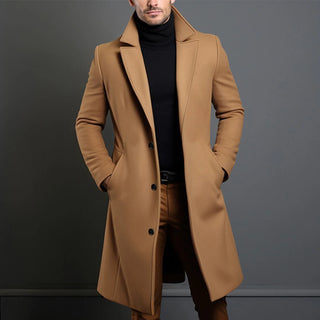 Buy coffee Atutumn Winter Long Warm Wool Trench Coat for Men Solid Color Single Breasted Luxury Wool Blends-Overcoat Tops Coats Clothing