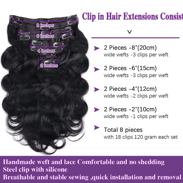 Body Wave Clip in Hair Extensions for Black Women Brazilian Remy Virgin Hair 8Pcs Clip in Human Hair Extensions 240g Per Pack