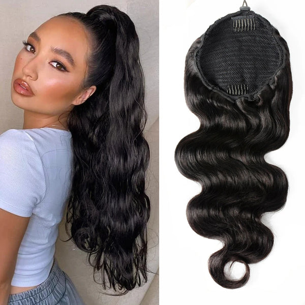 Body Wave Drawstring Ponytail Human Hair Extensions Brazilian Remy Hair Clip Ins for Women Aliballad Ponytail 150g 2 Combs