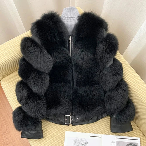 BFFUR Winter Fashion Real Fox Fur Coats for Women Locomotive Style Genuine Sheep Leather Jacket Natural Fox Fur Coat Female 2022