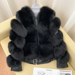 Buy black BFFUR Winter Fashion Real Fox Fur Coats for Women Locomotive Style Genuine Sheep Leather Jacket Natural Fox Fur Coat Female 2022