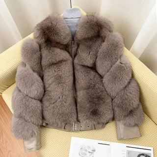 Buy dark-brown BFFUR Winter Fashion Real Fox Fur Coats for Women Locomotive Style Genuine Sheep Leather Jacket Natural Fox Fur Coat Female 2022