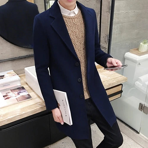 2023 Autumn Winter New Men's Woolen Coats Male Slim Long Jacket Fashion Boutique Solid Slim Men's Trench Coat Jacket Plus Size