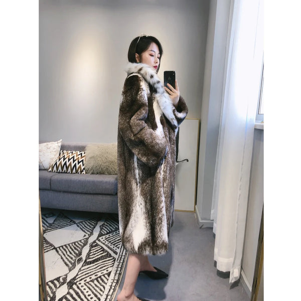 2019 New Imported Womens Mink Fur Coat Bobcat Fur Collar Fur Coat Fashion Long Womens Winter Coats Oversize Parkas