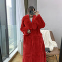 2023 Plus Size 5xl Winter Coat Women Fashion Belt X Long v Neck Thick Warm Faux Fox Fur Winter Coats for Women  B051