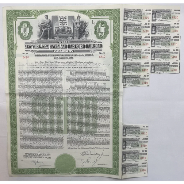 1953 New York New Haven and Hartford Railroad Gold Bond Certificate, W/Coupons