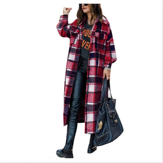 Buy big-red Autumn Winter Women&#39;s Wool Coat 2021 Streetwear Loose Casual Coat Shirt Jacket Lapel Women&#39;s Fashion Long Plaid Jacket