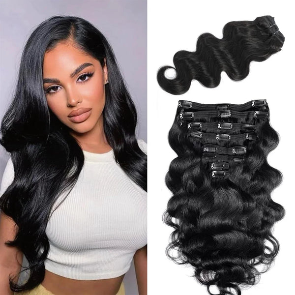 Body Wave Clip in Hair Extensions 100% Human Hair With Double Weft Brazilian Clip in 8Pcs 120G for Black Woman Clip Ins Hair #1B