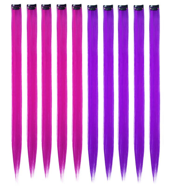 10Packs Straight Colored Clip in Hair One Piece Long Synthetic Rainbow 22 Inch Party Highlights Extensions for Women Kids Girls