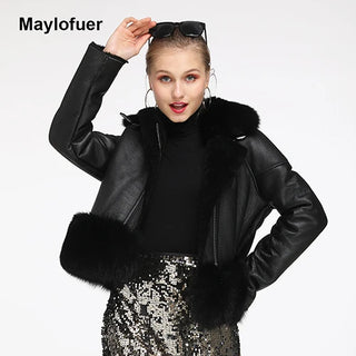 Buy black 2019 Luxury Women&#39;s Real Fur Coat Thick Lamb Wool Fur Jacket Long Sheep Shearling Female Jackets Winter With Fox Coats