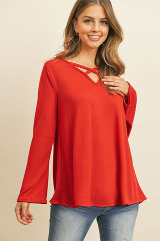 Buy red Criss Cross Neck Long Sleeve Hacci Top