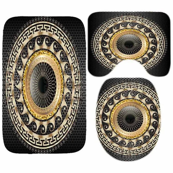 3D Luxury Black Gold Greek Key Meander Baroque Bathroom Curtains Shower Curtain Set for Bathroom Modern Geometric Bath Rug Decor