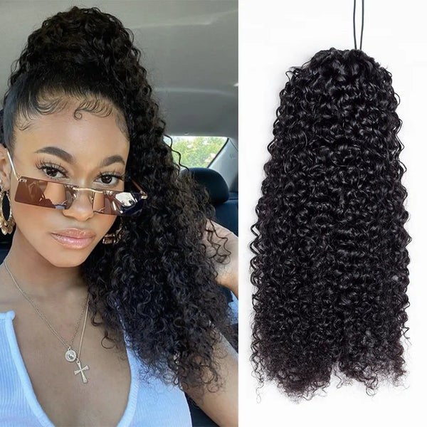 Aliballad Kinky Curly Drawstring Ponytail Human Hair Brazilian Afro Clip in Extensions for Black Women Remy 150g 4 Combs