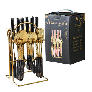 Buy as-the-picture24 24 Pcs Stainless Steel Cutlery Hammer Pattern Ceramic Handle Knife Fork Spoon Set Cutlery Set Travel Cutlery Set Flatware Set