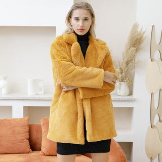 Buy yellow 2022 Autumn Winter New Women Faux Fur Coat Elegant Fluffy Thick Warm Artificial Fur Coats