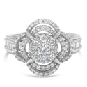 14K White Gold 1.0 Cttw Round & Baguette Cut Diamond Floral Cluster Quatrefoil Channel Set Band Cocktail Statement Ring