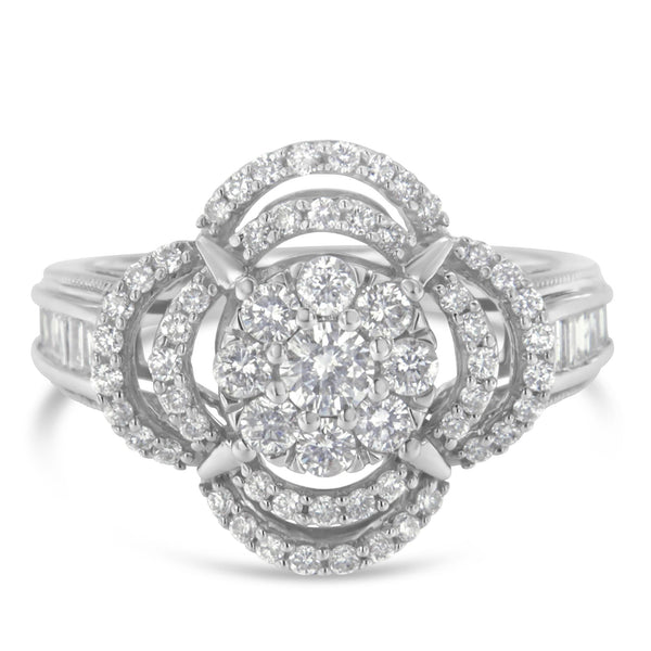 14K White Gold 1.0 Cttw Round & Baguette Cut Diamond Floral Cluster Quatrefoil Channel Set Band Cocktail Statement Ring