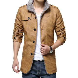 Buy dark-yellow 2024 Winter Warm Faux Leather Jacket Men Solid Long Sleeve PU Leather Coat Stand Collar Thick Slim Fit Men Jacket Trench Coats