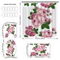 4 Pcs Shower Curtain Sets With 12 Hooks Flowers Floral With Non-Slip Rugs Toilet Lid Cover and Bath Mat Bathroom Decor Set