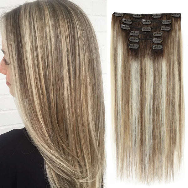 BHF Clip in Human Hair Extensions Remy Natural Hair Clip in Extensions Highlighted Golden Blonde Straight Human Hair Extensions