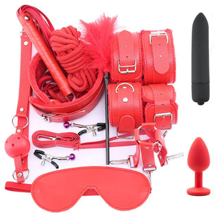 Buy pu-12pcs-red BDSM Kit Sex Toys for Men Erotic Handcuffs Whip Sextoy Anal Plug Vibrator Bdsm Sex Bondage Set Adult Toys Sm Products Sex Toys