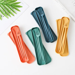 4Pcs Wheat Straw Dinnerware Set Portable Tableware Knife Fork Spoon Eco-Friendly Travel Cutlery Set Utensil Box Chopsticks Set