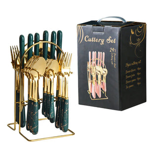 Buy as-the-picture 24 Pcs Stainless Steel Cutlery Hammer Pattern Ceramic Handle Knife Fork Spoon Set Cutlery Set Travel Cutlery Set Flatware Set