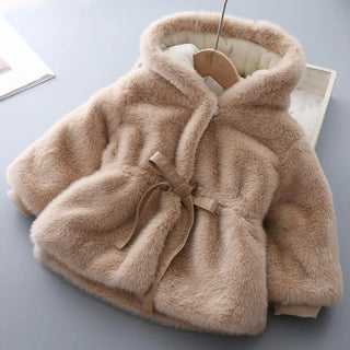 Buy khaki 2021 Girls Kids Winter Coat Fake Fur Soft Velvet Thickening Warm Hooded Coats Cute Baby Belt Overcoats Children Clothing 0-8t