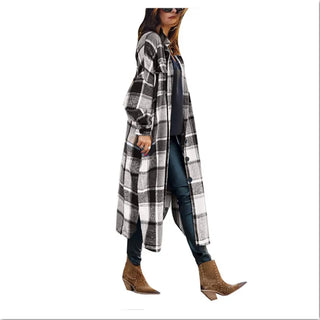 Buy black-and-white Autumn Winter Women&#39;s Wool Coat 2021 Streetwear Loose Casual Coat Shirt Jacket Lapel Women&#39;s Fashion Long Plaid Jacket