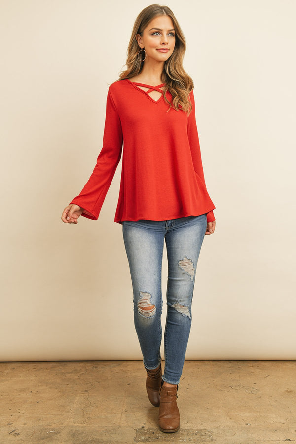 Criss Cross Neck Long Sleeve Hacci Top